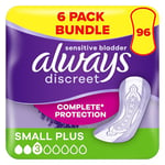 Always Discreet Incontinence Pads Women, Small Plus, 96 Moderate Absorbency Pads (16 x 6 Packs), Odour Neutraliser, for Sensitive Bladder