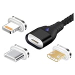 Câble magnétique 3 en 1 avec adaptateur magnétique Lightning Micro USB Type C,, Noir