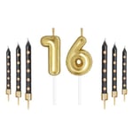 Mciskin Gold Number Candles with Black Stick Candles for Cake, 16th Happy Birthday Candles, Black Candle for Women, Gold 16 Candles Cake Toppers for Girls Boys Birthday Wedding Anniversary Decorations