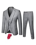 Hihawk Men's 3 Piece Suit with Stretch Fabric, Solid Slim Fit One Button Suit Blazer Set, Jacket Vest Pants with Tie., Grey, M