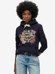 Superdry Floral Graphic Logo Hoodie - Navy, Navy, Size 6, Women