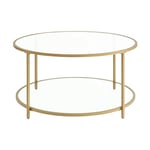 VASAGLE Table d'Appoint Ronde, Petite Table Basse, Bout de Canapé, en Verre Trempé avec Cadre en Acier, Table de Chevet, avec Étagère de Rangement, Style Moderne, pour Salon, Chambre, Doré LGT035A61