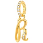 Alphabet CZ Letter R Pendant Charm, 18K Yellow Gold Plated 925 Sterling Silver Initial R Dangle Beads fit Pandora Romantic Necklace Bracelet, Gift for Ramadan/Daughter