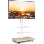 RFIVER Blanc Support TV roulettes Support Tele Mobileavec avec Socle en Bois pour Télé de 26 à 65 Pouces, Réglable en Hauteur Chariot Meuble TV avec 3 Étagères Jusqu 'à 35 kg, Max. VESA 400x400mm