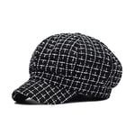 ZYM Tweed Plaid Newsboy Hat,Vintage Hat British Style Newsboy Cap Women Black-Black