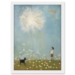 Artery8 Chasing the Giant Dandelion Dream Artwork Giant Wish Oil Painting Kids Bedroom Child and Pet Dog in Daisy Field Artwork Framed A3 Wall Art Print