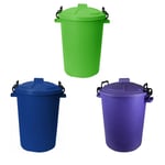 3 x 50L Bin Cliplock Lid Home/Kitchen/Garden Waste Storage LimeGreen+Blue+Purple