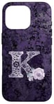 Coque pour iPhone 16 Pro Jolie rose florale violette avec monogramme lettre K