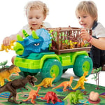 Jouet de Camion de Dinosaure pour Enfants de 3 à 5 Ans, Camion Transporteur de Voiture Triceratops avec 8 Figurines Dino, Tapis de Jeu de Dinosaure de Capture pour garçons