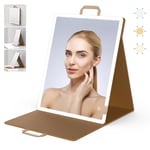 WEILY Miroir Maquillage Lumineux, Grand Portable Miroir Pliable, Miroir Coiffeuse à 3 Lumières de Couleur, 2000mAh USB Rechargeable, Miroir en Cuir PU pour Bureau de Maquillage (41x51CM)