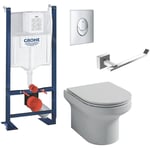 Pack wc suspendu Jacob Delafon sans bride Elite abattant + Bâti support Grohe RapidSL + plaque chromé + Porte-rouleau chromé