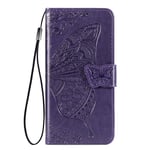 UILY Case Compatible for OnePlus Nord N10 5G, Fashion PU Leather Flip Wallet Cover, Embossed Butterfly Pattern with Bracket Function Anti-Fall Shell. Purple