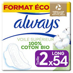 Always Cotton Protection Serviettes Hygiéniques, Taille 2, Long, 54 Serviettes Hygiéniques Avec Ailettes, Flux Modérés Jour, Format Eco, Voile 100% Coton Bio, Sans Parfum, Emballage papier recyclable