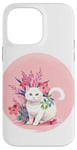 iPhone 14 Pro Max Cute white cat,pink background,flowers art Case