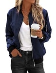 Zeagoo Veste Femme Légère Zip Up Bomber Jackets Long Sleeve Coat Utility Short Flight Top with 2 Pockets Navy Blue XXL