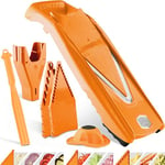 Coupe-Légumes Börner V5 (Plus Set) • Mandoline en V Réglable + Accessoires Supplémentaires + Éplucheur • Avec Lame en V en Acier Inoxydable • Pour Tranches, Bâtonnets, Dés • Orange