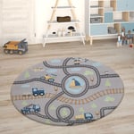 Tapis Chambre Enfant Tapis De Jeux Tapis Bébé Tapis Enfant Route Tapis De Jeux 120 cm rond, Gris 2 - Paco Home