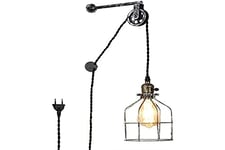 Barcelona LED Applique Murale Vintage avec Câble de Prise et Support de Lampe à Suspension à Poulie Industrielle Capuchon en Argent Cage E27