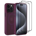 32nd Magnetic case cover for iPhone 15 Pro Max (6.7") Compatible with MagSafe + 2 Screen Protectors, Slim Back Shockproof Protective Phone Cover - Burgundy