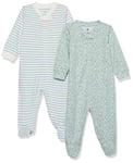 Amazon Essentials Combinaison pour Jour et Nuit en Coton, avec Pieds (Anciennement Amazon Aware) Mixte Bébé, Lot de 2, Blanc Rayures/Vert Imprimé Oiseaux, Prématuré