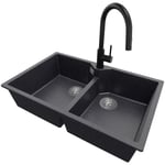 Evier Cuisine en Granit 78x50cm, Lavabo 2 bacs + Kit de Vidage + Robinet 9010 Madrid Twin de Primagran Graphite