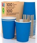 Lot de 100 verres en papier bleu 200 ml en papier avec palette jetable boissons chaudes et froides, thé infusés d'eau écologiques, biodégradables tasses jetables colorées + 100 palettes de 11 cm en