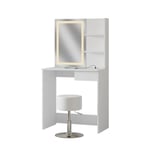 Vicco coiffeuse Dekos, Blanc, 75 cm avec miroir LED, chargeur QI et tabouret