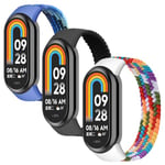 3 Pack Bracelet pour Xiaomi Mi Band 9/Xiaomi Smart Mi Band 8 Bracelet,Nylon Braided Stretch Solo Loop Bracelets Sport Band pour Xiaomi Band 8/Mi band 9 Bracelet,noir/arc-en-ciel/bleu blanc,M