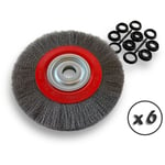 Lot de 6 brosses circulaires ACIER Ø 250 mm Epaisseur 2 rangs Fil souple 0.20 mm ondulé Alésage 32 mm + réducteur bague 25/22/20/16/12 mm Touret