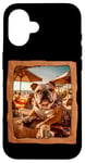 Coque pour iPhone 16 Bulldog à la table de plage avec boisson