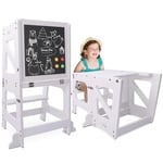 YOLEO Tour d'apprentissage Transformable, Pliable, Tour d'observation pour Enfants Montessori Learning Bois Naturel Kitchen Helper avec Tableau Noir et Blanc,Table et Chaise pour Enfant