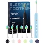 7AM2M Sonic Electric Toothbrush for Adults and Kids, One Charge for 90 Days, with 6 Brush Heads, 5 Modes with 2 Minutes Build in Smart Timer, Roman Column Handle Design(Light Blue)