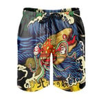 kikomia Men's Swimming Trunks Vintage Japanese Sea Yokai Wave Sun Cloud Print Cool Swimwear with Pockets White 4XL