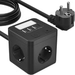 Multiprise 4 prises avec USB C, cube USB avec veilleuse, multiprise cube avec interrupteur, multiprise pour la maison, le bureau, câble de 1,5 m, noir