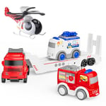 GizmoVine Car Transporter Toy, Fire Truck, Rescue Lorry with 2 Vehicles 1 Helicopter, Friction Power, Three Warning Sound, Baffle can be Lowered, Gifts for Kids 3-8 Year Olds