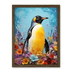 Artery8 King Penguin in Colourful Floral Flowers Nest Thick Paint Oil Painting Yellow Black Blue Colourful Artwork Framed Wall Art Print 18X24 Inch