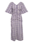 Seersucker Check V-Neck Fitted Midi Dress Purple Ganni