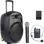Ibiza - PORT15VHF-MKII-TWS - Enceinte Portable de 15”/800W Max avec 2 micros (VHF), télécommande et Pochette Accessoires - Bluetooth, USB, SD & TWS - Autonomie de 6 à 8h