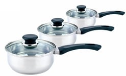 New 3Pc Sauce Pan Set Stainless Steel With Handles & Lid Ideal for Kitchen