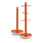 Swan SWKA1054ON Retro Towel Pole and Mug Tree, Weighted Base, Kitchen Storage Set with Chrome Accents, Orange