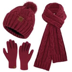 ZASFOU Femme Hiver Bonnet Chapeau Foulard Écran Tactile Gants Ensemble Chenille Pompon Tricot Polaire Doublé Casquette Écharpe Gant Cadeaux pour Femmes