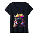 Womens Pug, Sunglasses, Headphones V-Neck T-Shirt