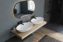 Vasque Lavabo design oval à poser Lave main fonte minérale, NT8531, 60x40x12,5cm Blanc mat, Avec bonde, Sans cache