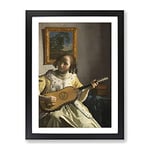 Girl Playing Instrument By Johannes Vermeer Classic Painting Framed Wall Art Print, Ready to Hang Picture for Living Room Bedroom Home Office Décor, Black A2 (64 x 46 cm)