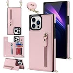 Hadwii Coque pour iPhone 12 Pro/12 Étui Cuir avec Cordon de Collier, Portefeuille Porte-Cartes Anti-Choc Protection Support Fonction Housse avec Fentes de Cartes Cover pour iPhone 12 Pro/12, Rose