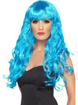 Smiffys Siren Wig, Blue Long, Curly with Fringe, Ladies Glamour Wigs Fancy Dress, Adult Dress Up Wigs