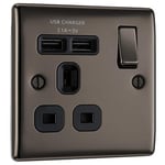 BG Electrical Fast Charging Single Switched Power Socket with USB Charging Ports, 13 A, Black Nickel