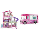 Barbie Mobilier Dreamhouse, Maison de rêve pour poupées avec Piscine, Toboggan et Ascenseur Accessible en Fauteuil Roulant & Mobilier Camping-Car de Rêve 3-en-1 pour poupées, véhicule Transformable