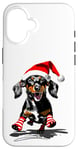 Coque pour iPhone 16 Teckel drôle avec bonnet de Noel et chaussettes de Noël