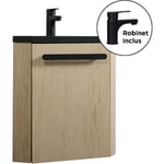 Ensemble meuble lave-mains d'angle décor chêne vasque noire skino avec robinet noir